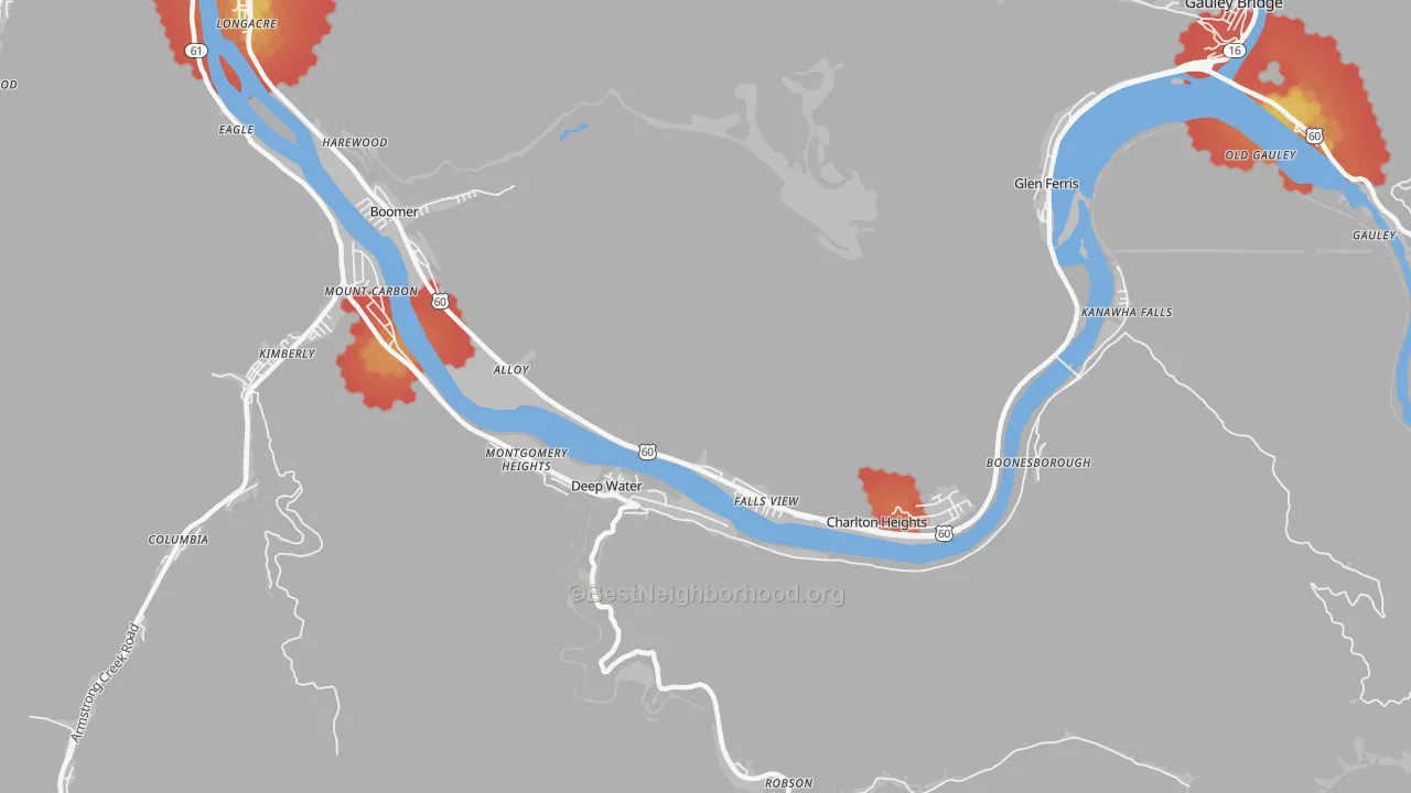 Walk Grade map of Alloy, WV, walkable areas in green and car-dependent areas in red
