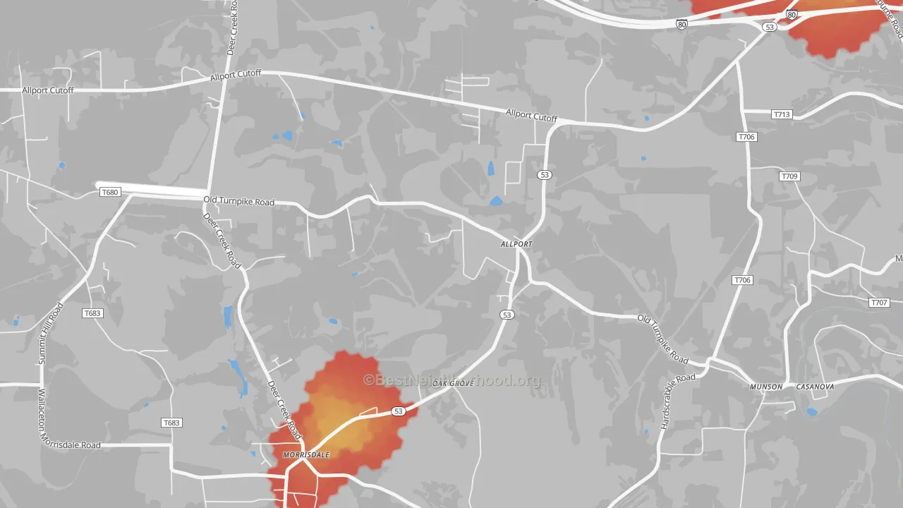Walk Grade map of Allport, PA, walkable areas in green and car-dependent areas in red
