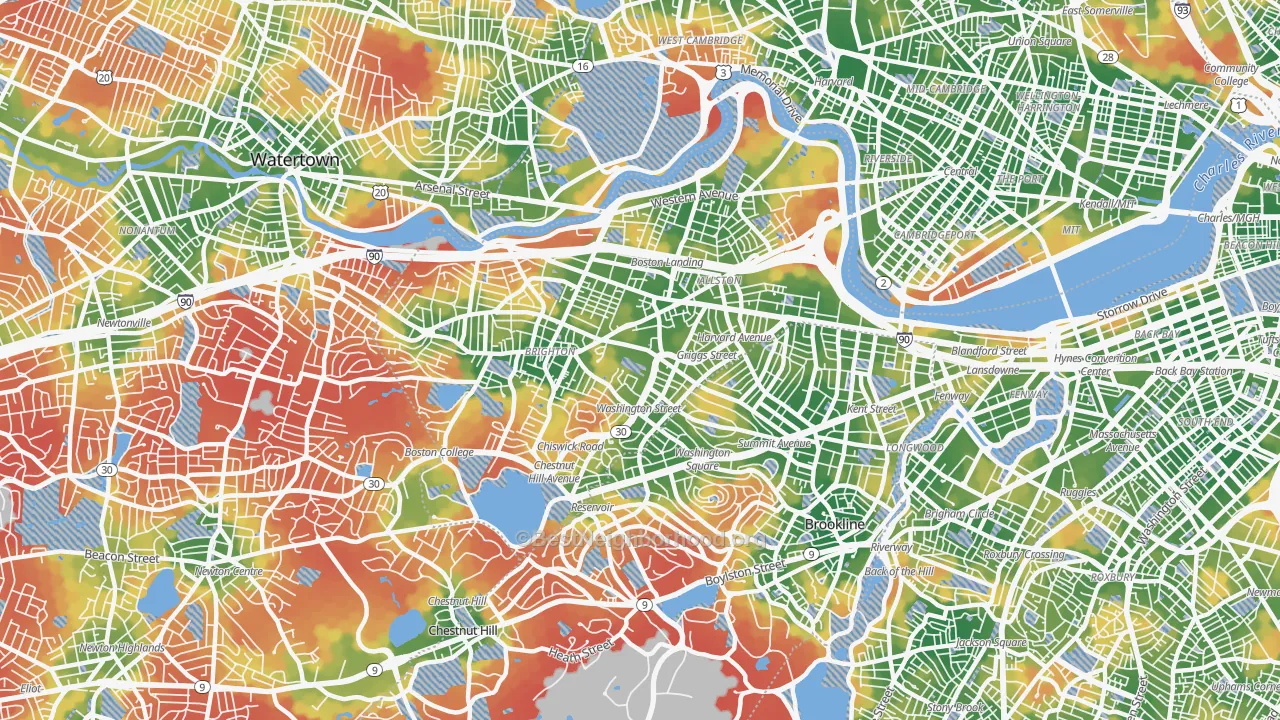 Walk Grade map of Allston-Brighton, Brighton, MA, walkable areas in green and car-dependent areas in red
