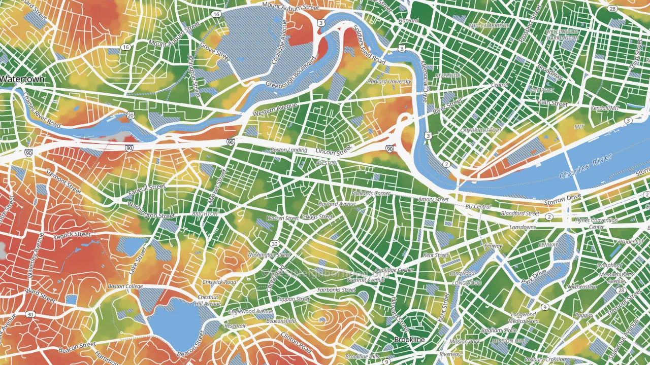 Walk Grade map of Allston, MA, walkable areas in green and car-dependent areas in red