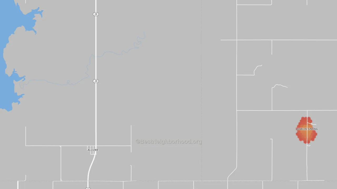 Walk Grade map of Alluwe, OK, walkable areas in green and car-dependent areas in red