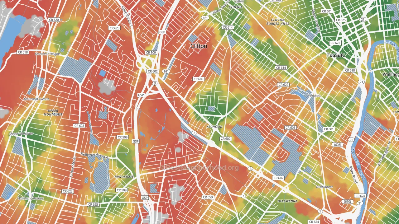 Walk Grade map of Allwood, Clifton, NJ, walkable areas in green and car-dependent areas in red