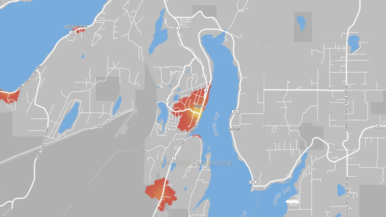 Walk Grade map of Allyn, WA, walkable areas in green and car-dependent areas in red