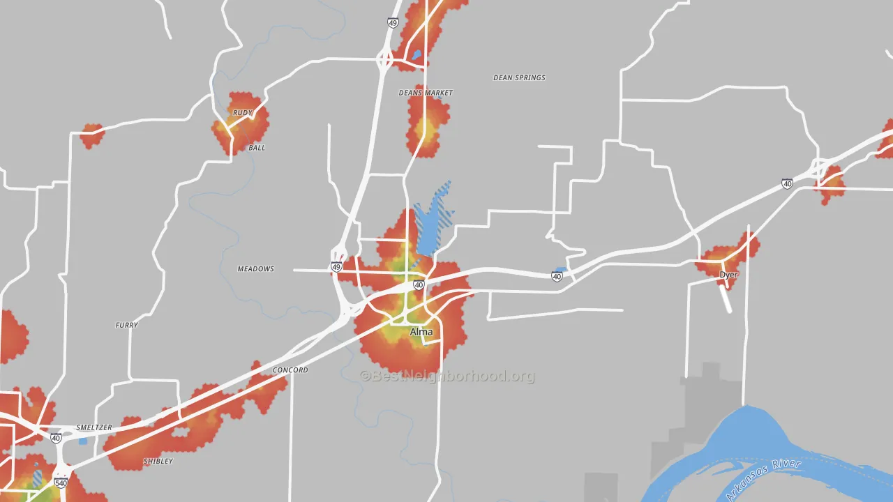 Walk Grade map of Alma, AR, walkable areas in green and car-dependent areas in red