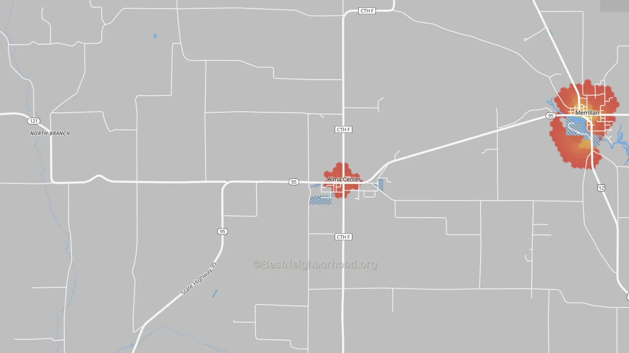 Walk Grade map of Alma Center, WI, walkable areas in green and car-dependent areas in red