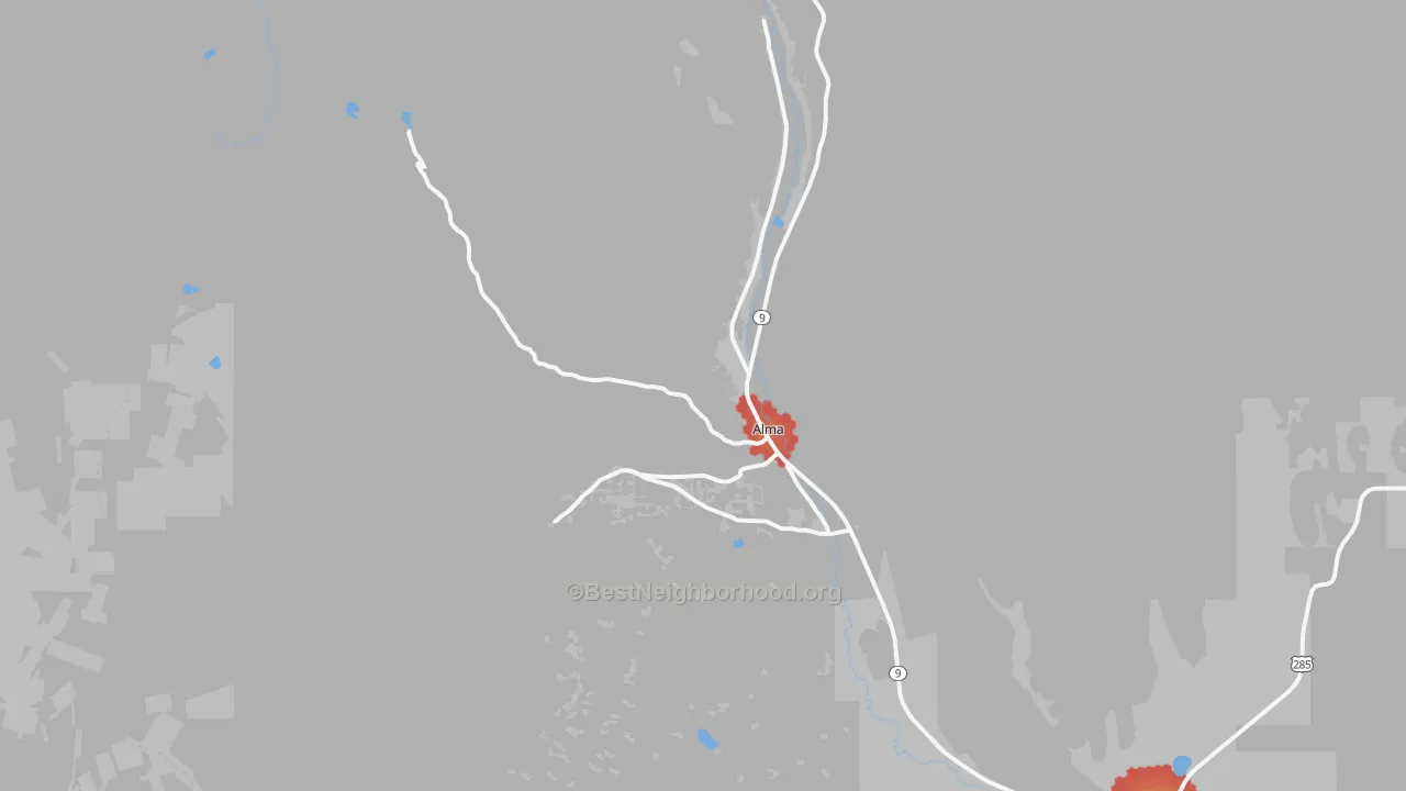 Walk Grade map of Alma, CO, walkable areas in green and car-dependent areas in red