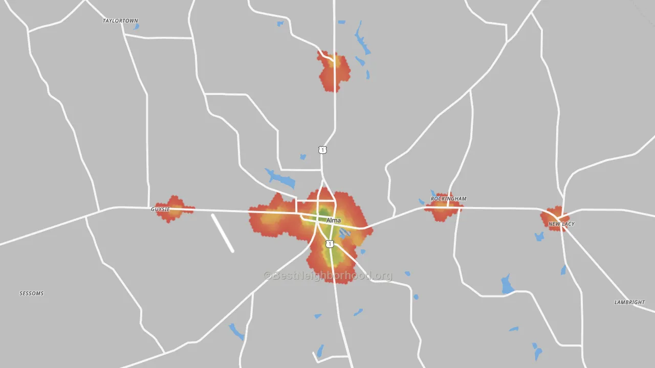Walk Grade map of Alma, GA, walkable areas in green and car-dependent areas in red