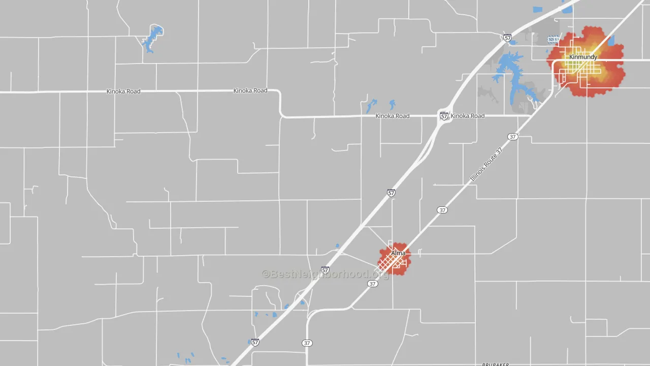 Walk Grade map of Alma, IL, walkable areas in green and car-dependent areas in red