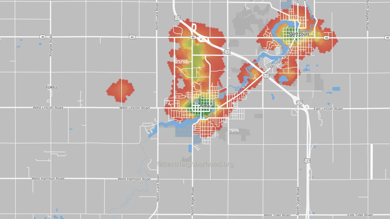 Walk Grade map of Alma, MI, walkable areas in green and car-dependent areas in red