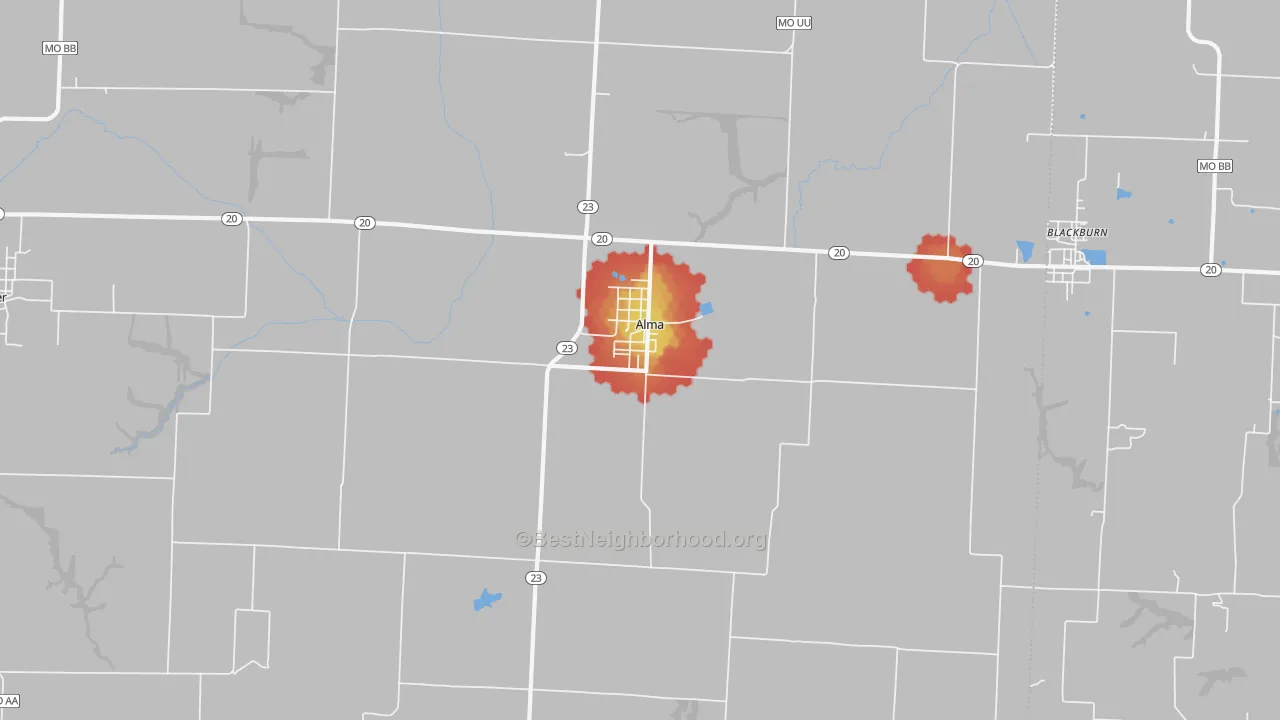 Walk Grade map of Alma, MO, walkable areas in green and car-dependent areas in red