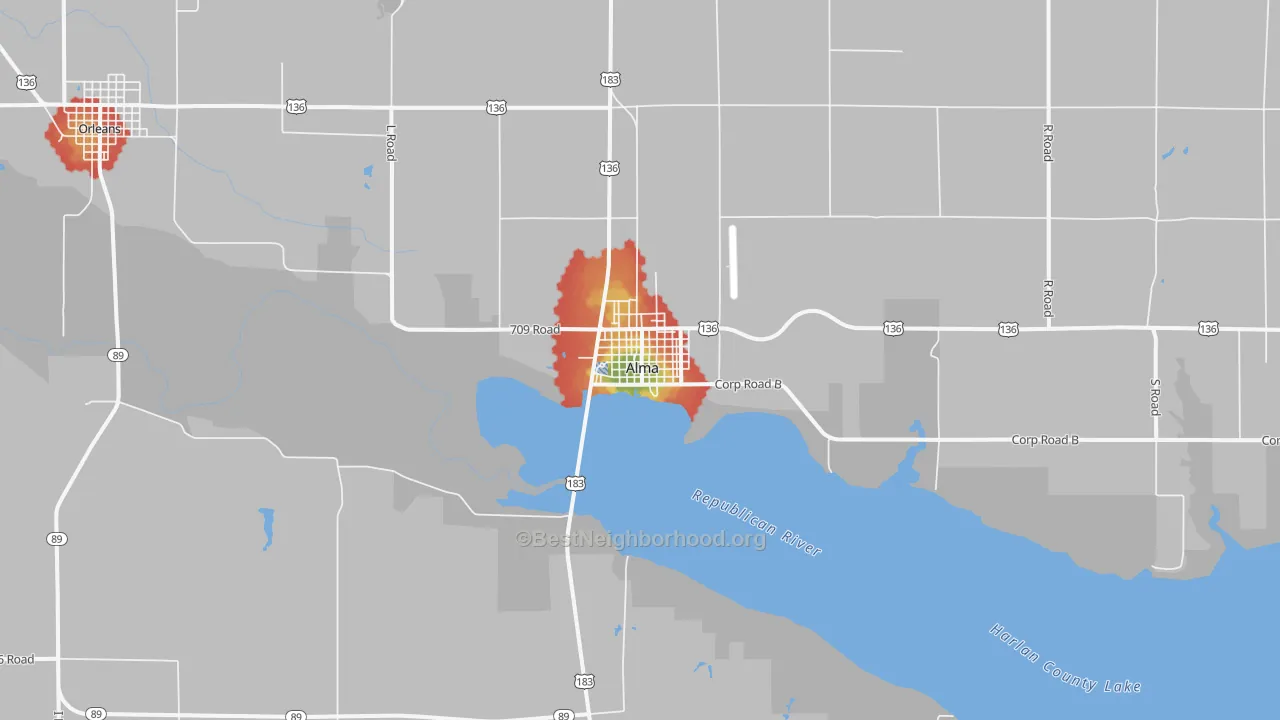Walk Grade map of Alma, NE, walkable areas in green and car-dependent areas in red