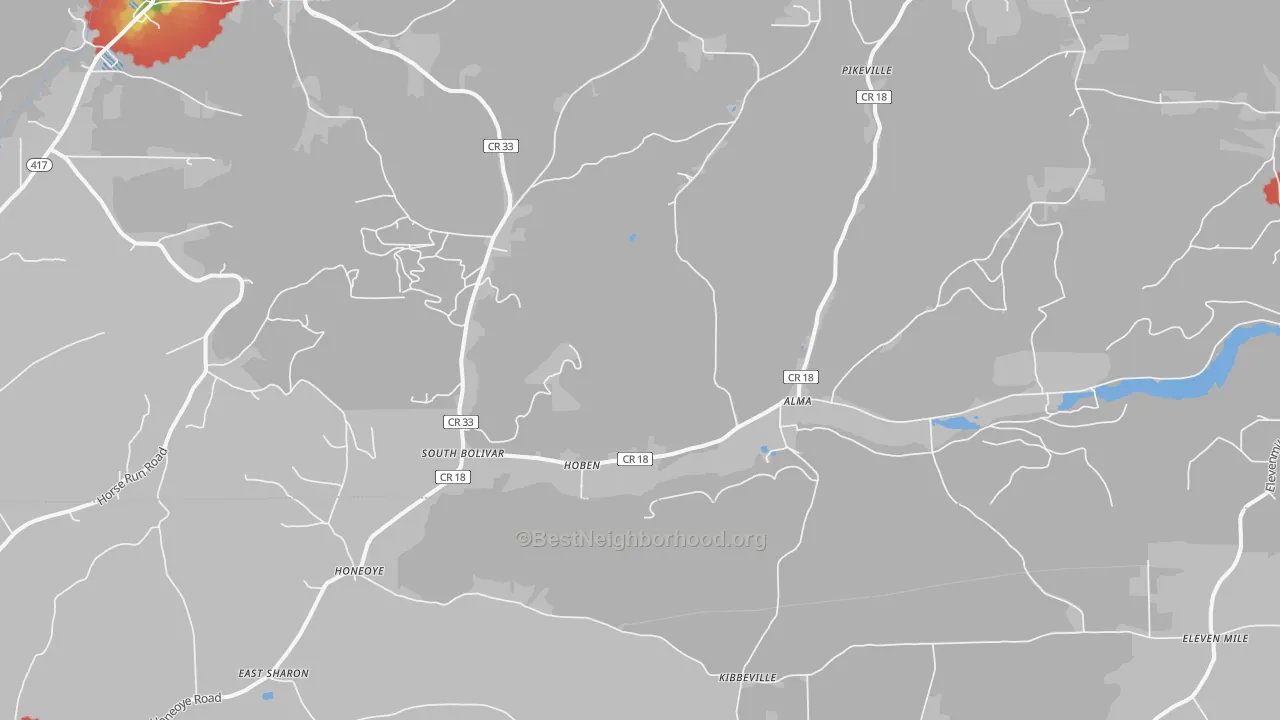 Walk Grade map of Alma, NY, walkable areas in green and car-dependent areas in red