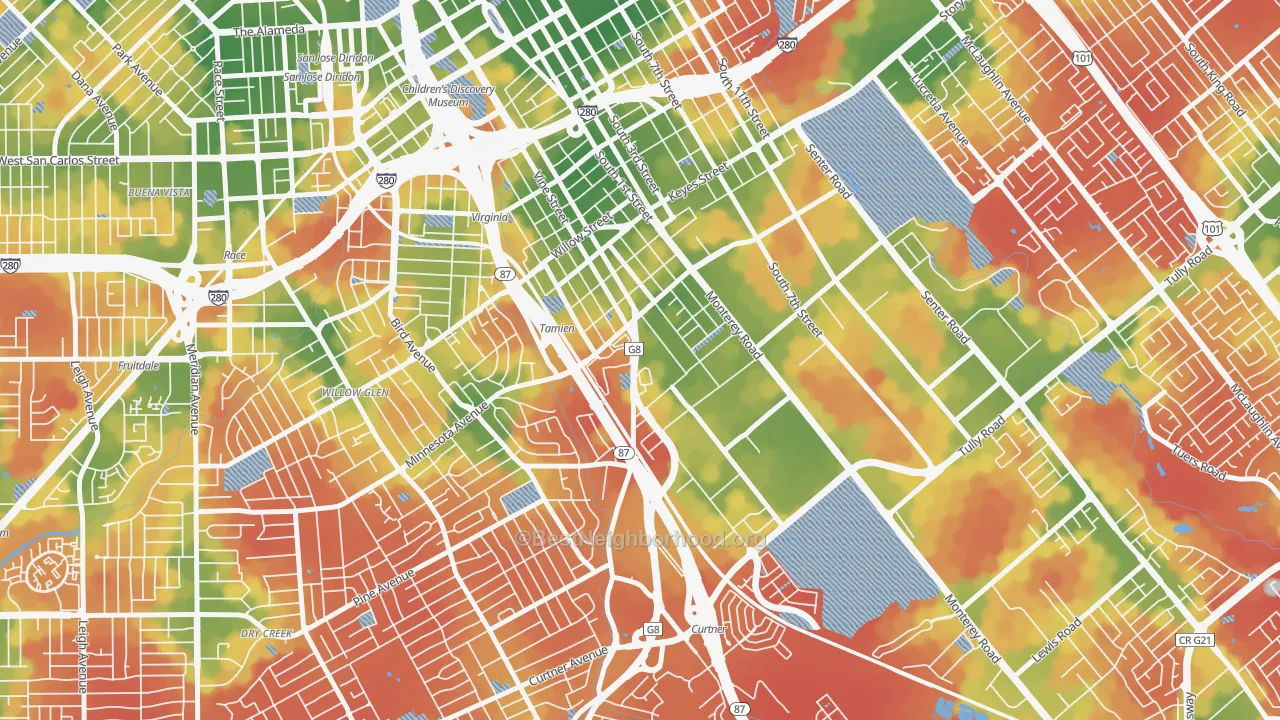 Walk Grade map of Alma, San Jose, CA, walkable areas in green and car-dependent areas in red