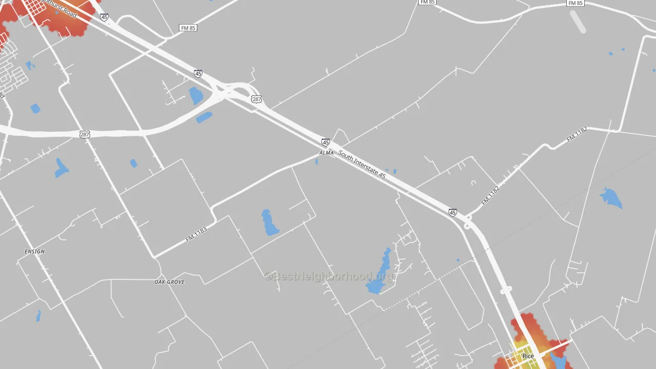 Walk Grade map of Alma, TX, walkable areas in green and car-dependent areas in red