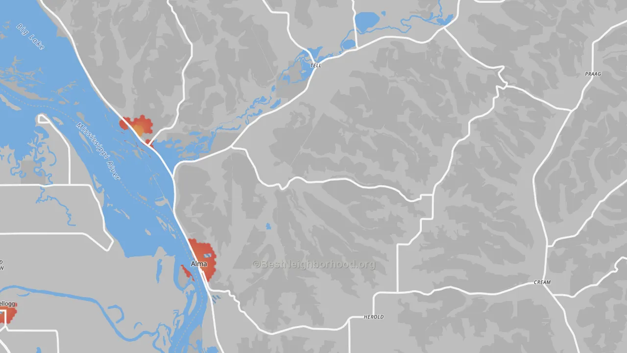 Walk Grade map of Alma, WI, walkable areas in green and car-dependent areas in red