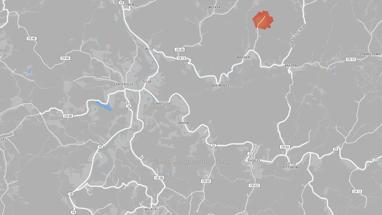 Walk Grade map of Alma, WV, walkable areas in green and car-dependent areas in red