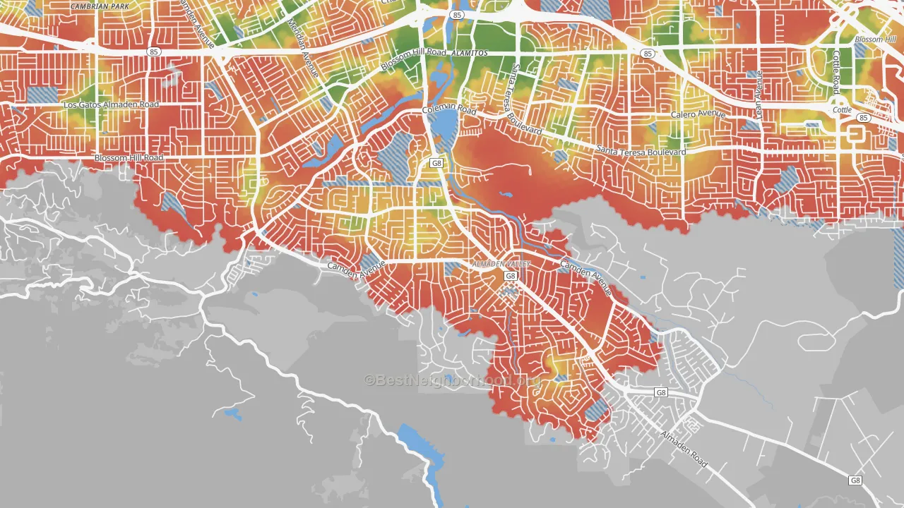 Walk Grade map of Almaden Valley, San Jose, CA, walkable areas in green and car-dependent areas in red