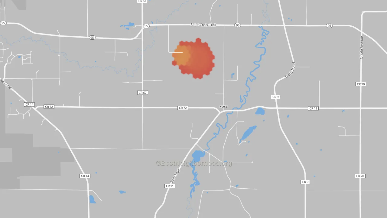 Walk Grade map of Almelund, MN, walkable areas in green and car-dependent areas in red
