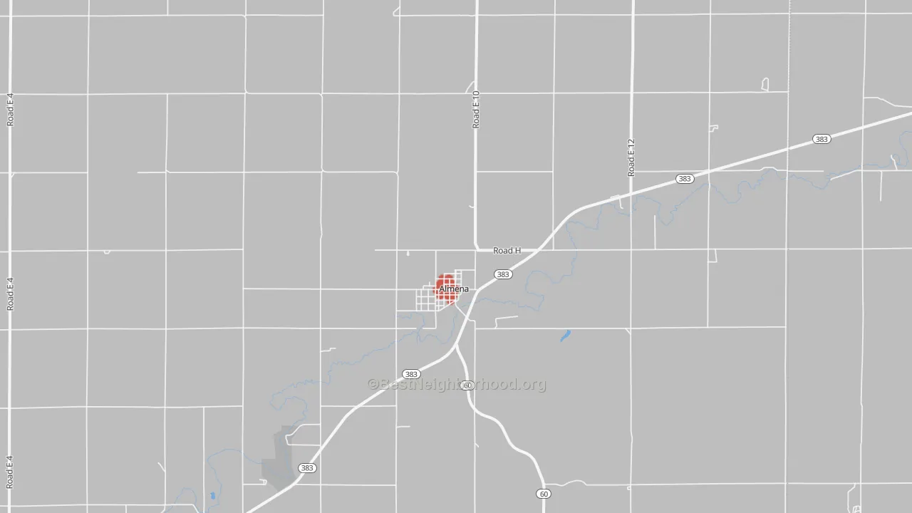 Walk Grade map of Almena, KS, walkable areas in green and car-dependent areas in red