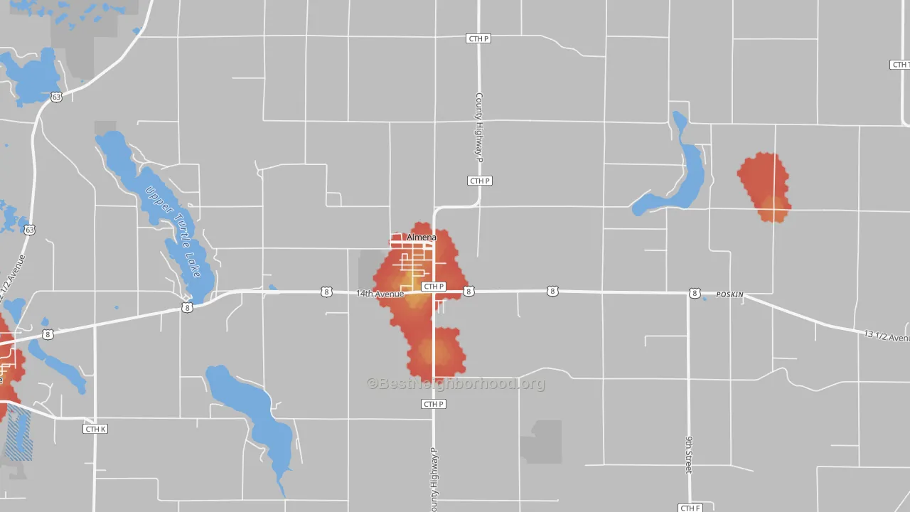 Walk Grade map of Almena, WI, walkable areas in green and car-dependent areas in red