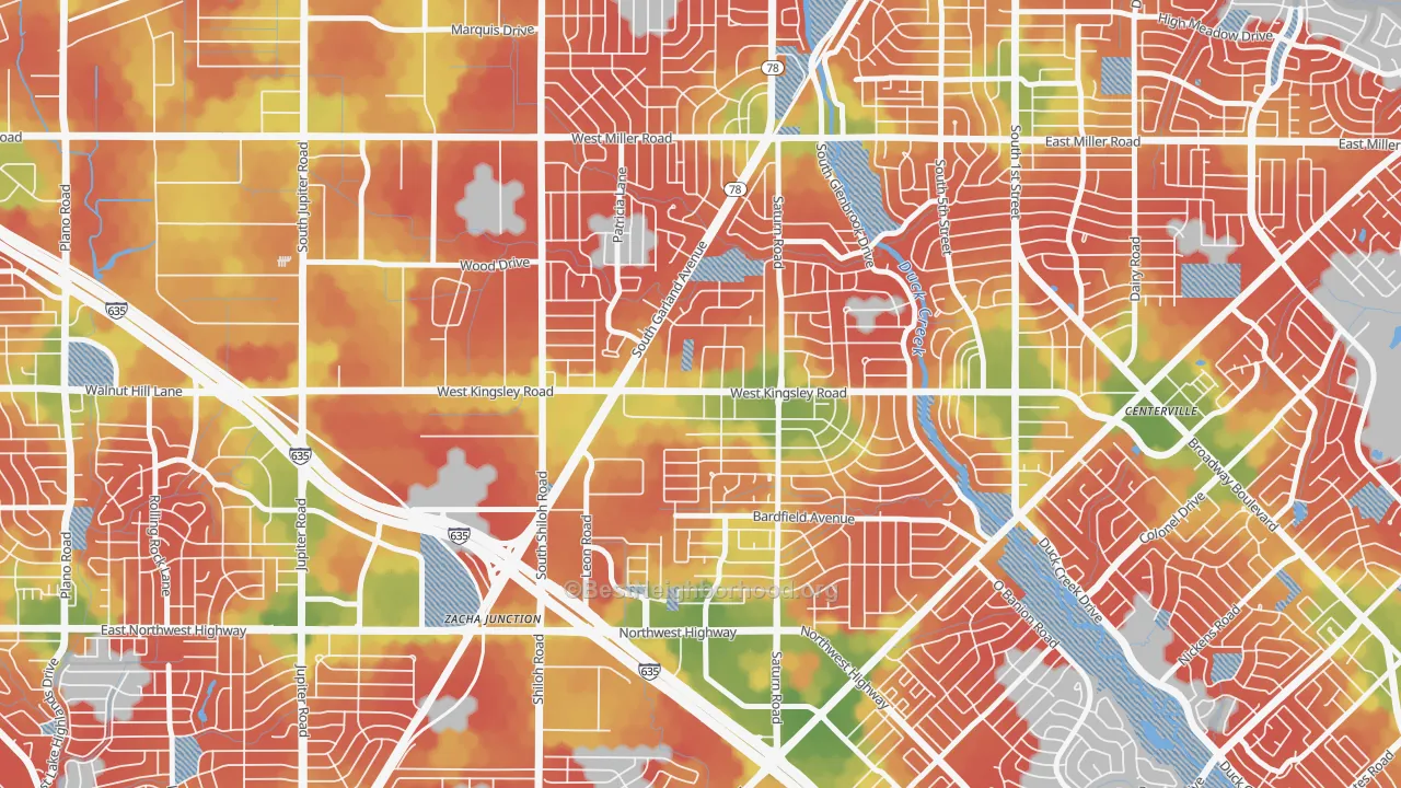 Walk Grade map of Almeta-Bonita-Bella Vista, Garland, TX, walkable areas in green and car-dependent areas in red
