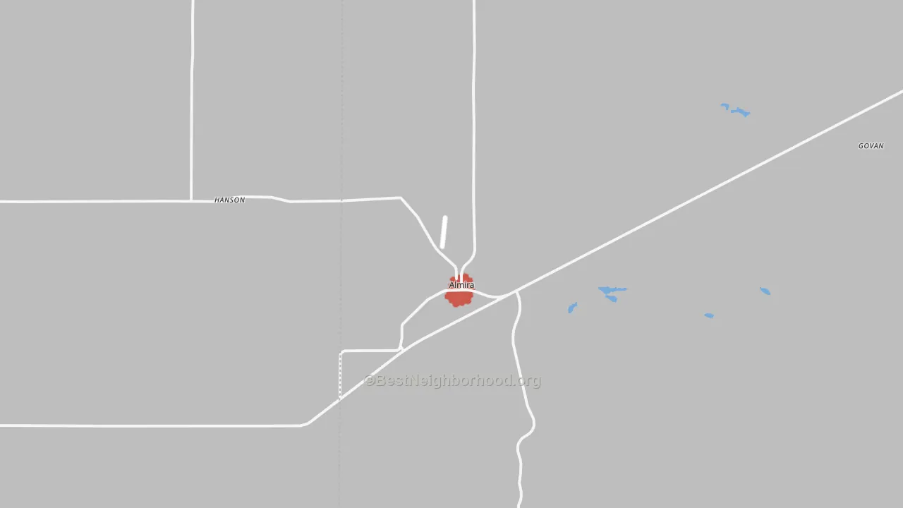 Walk Grade map of Almira, WA, walkable areas in green and car-dependent areas in red