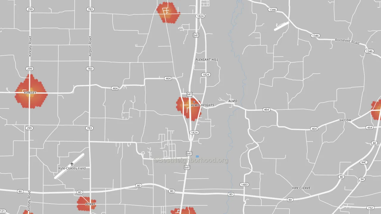 Walk Grade map of Almo, KY, walkable areas in green and car-dependent areas in red