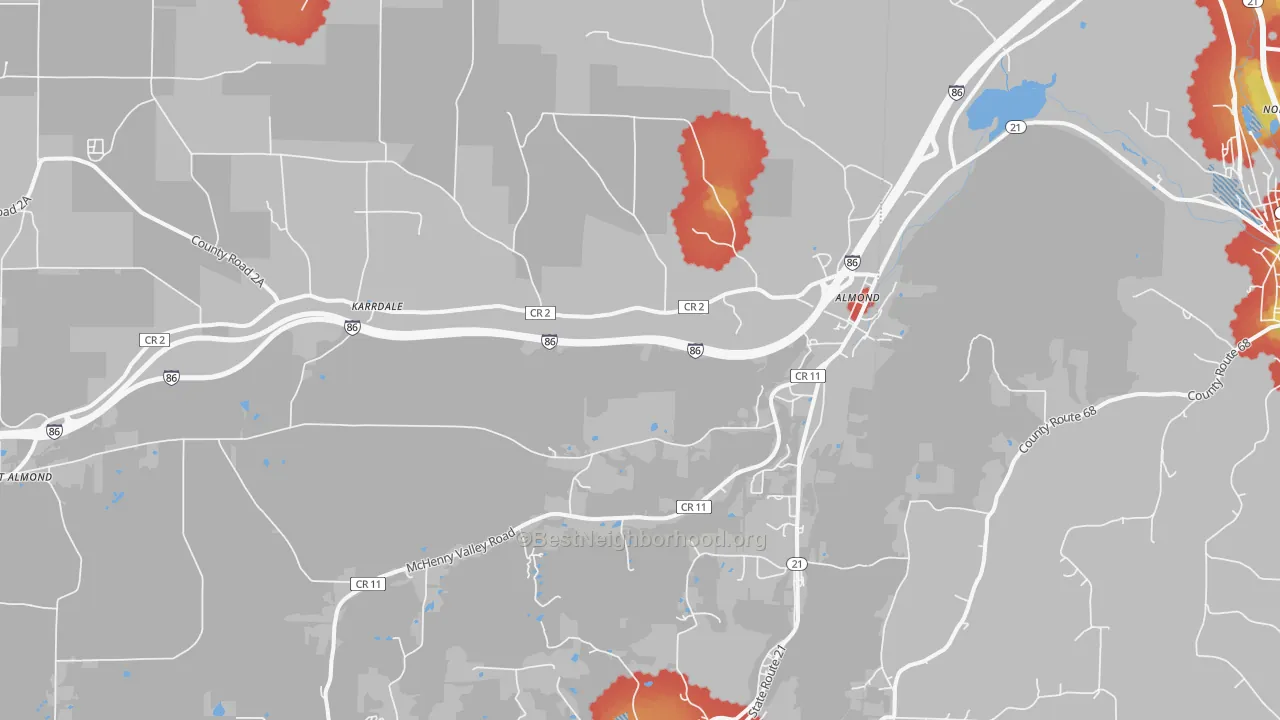 Walk Grade map of Almond, NY, walkable areas in green and car-dependent areas in red