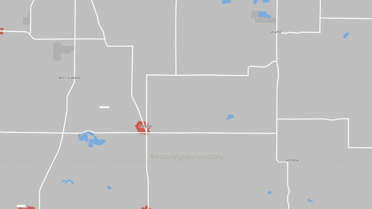Walk Grade map of Almond, WI, walkable areas in green and car-dependent areas in red