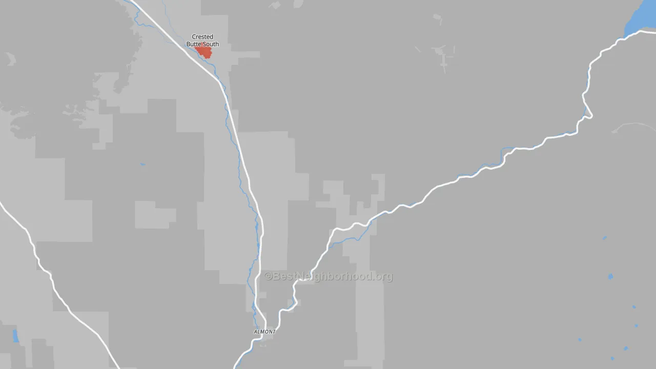 Walk Grade map of Almont, CO, walkable areas in green and car-dependent areas in red