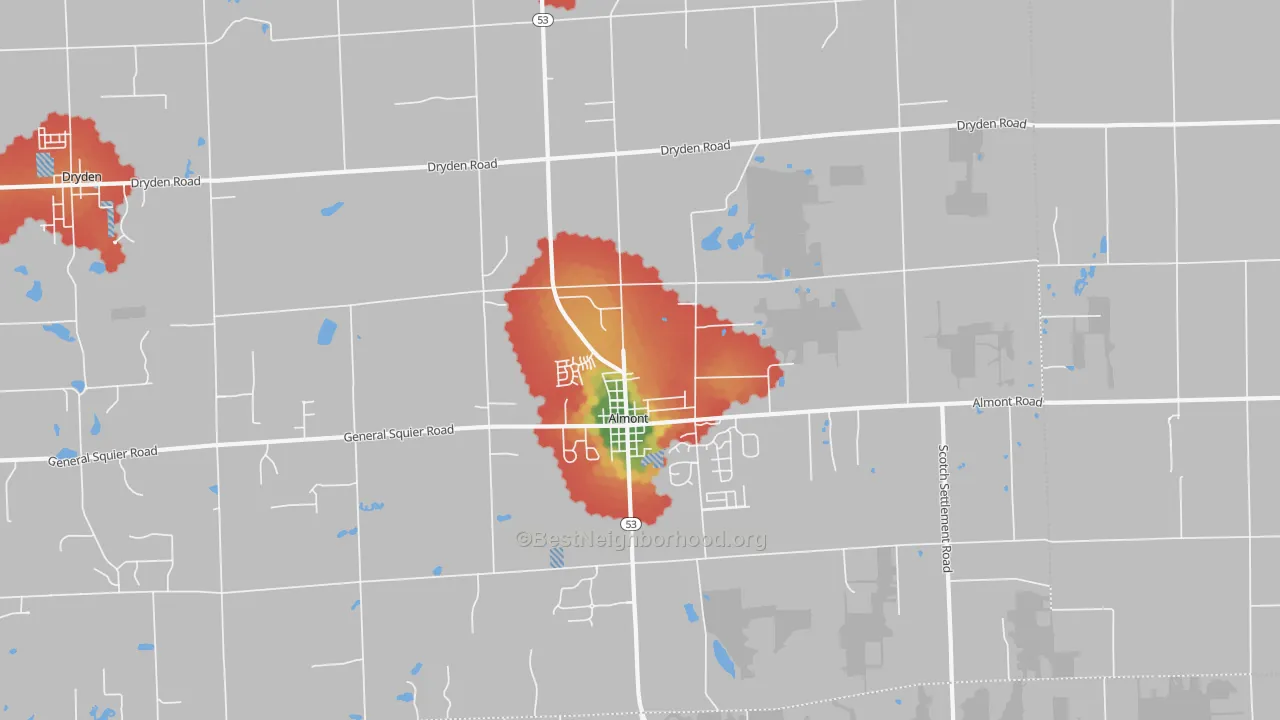 Walk Grade map of Almont, MI, walkable areas in green and car-dependent areas in red