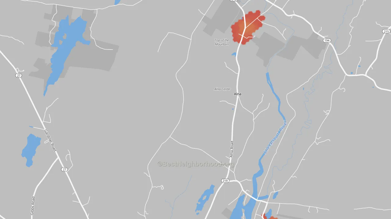 Walk Grade map of Alna Center, ME, walkable areas in green and car-dependent areas in red