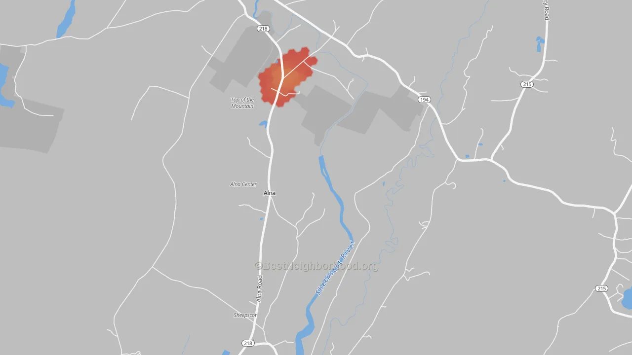 Walk Grade map of Alna, ME, walkable areas in green and car-dependent areas in red