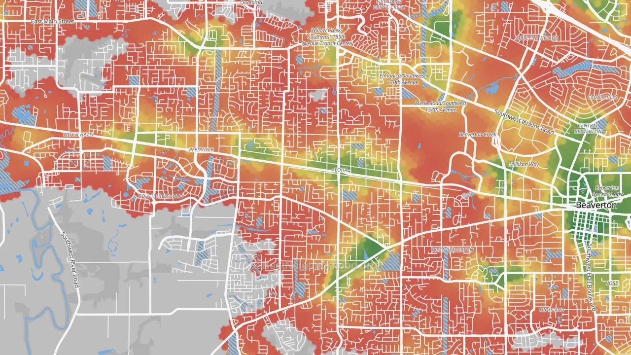 Walk Grade map of Aloha, OR, walkable areas in green and car-dependent areas in red