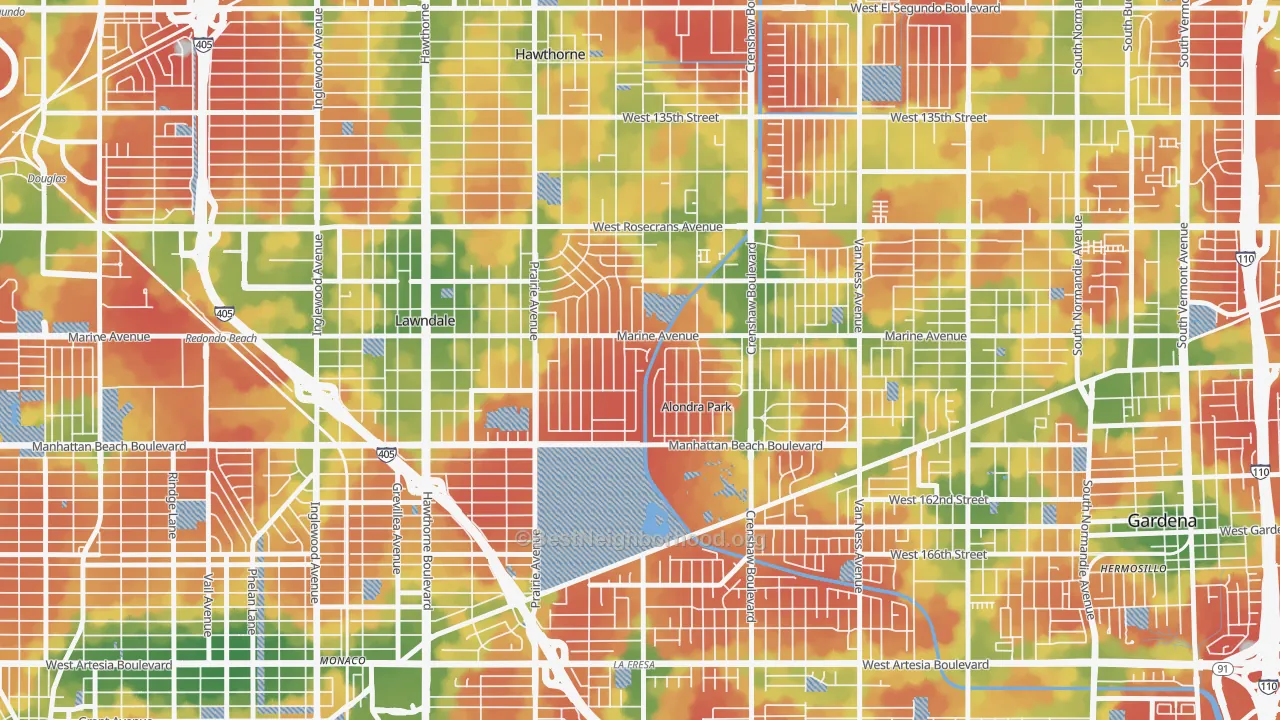 Walk Grade map of Alondra Park, Lawndale, CA, walkable areas in green and car-dependent areas in red