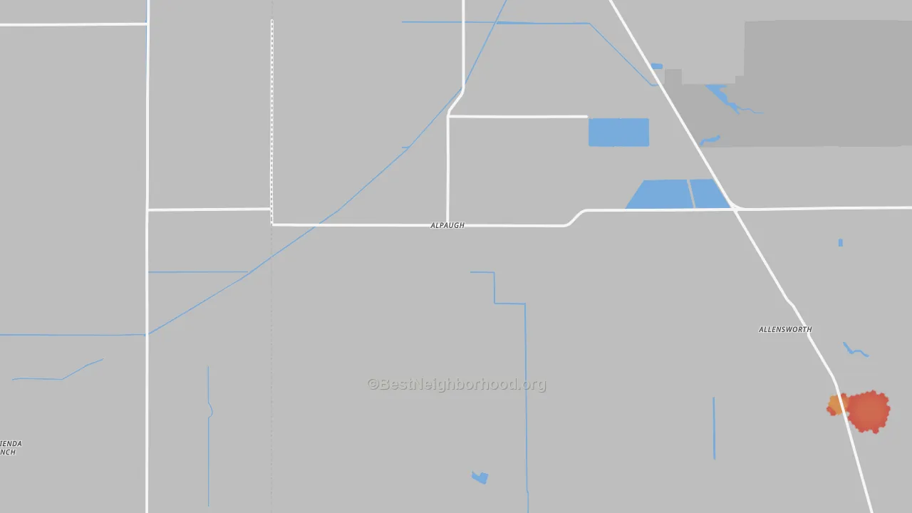 Walk Grade map of Alpaugh, CA, walkable areas in green and car-dependent areas in red