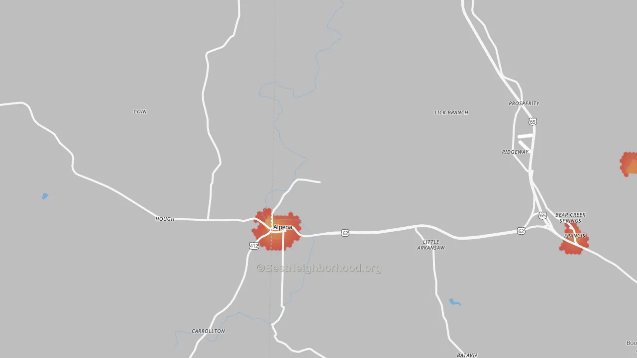 Walk Grade map of Alpena, AR, walkable areas in green and car-dependent areas in red