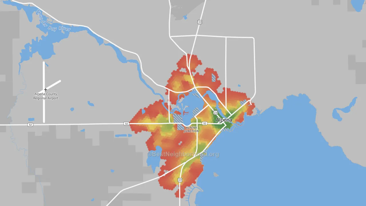 Walk Grade map of Alpena, MI, walkable areas in green and car-dependent areas in red