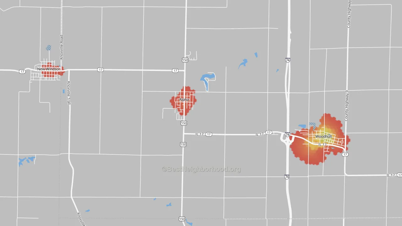 Walk Grade map of Alpha, IL, walkable areas in green and car-dependent areas in red