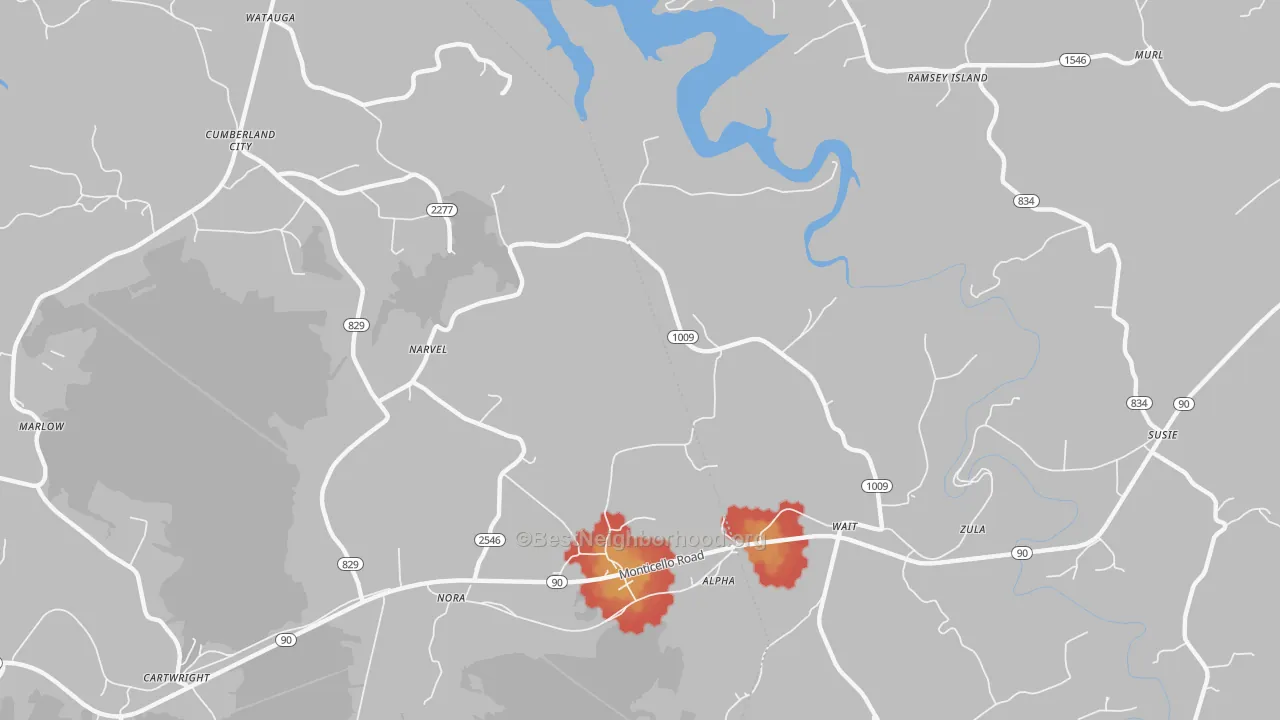 Walk Grade map of Alpha, KY, walkable areas in green and car-dependent areas in red