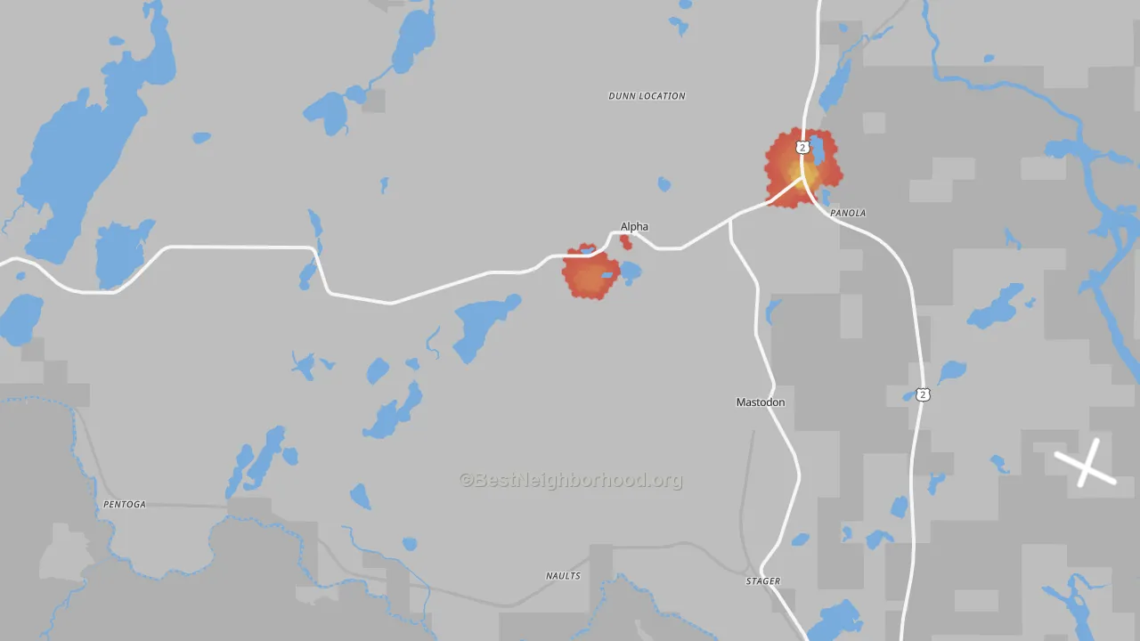 Walk Grade map of Alpha, MI, walkable areas in green and car-dependent areas in red