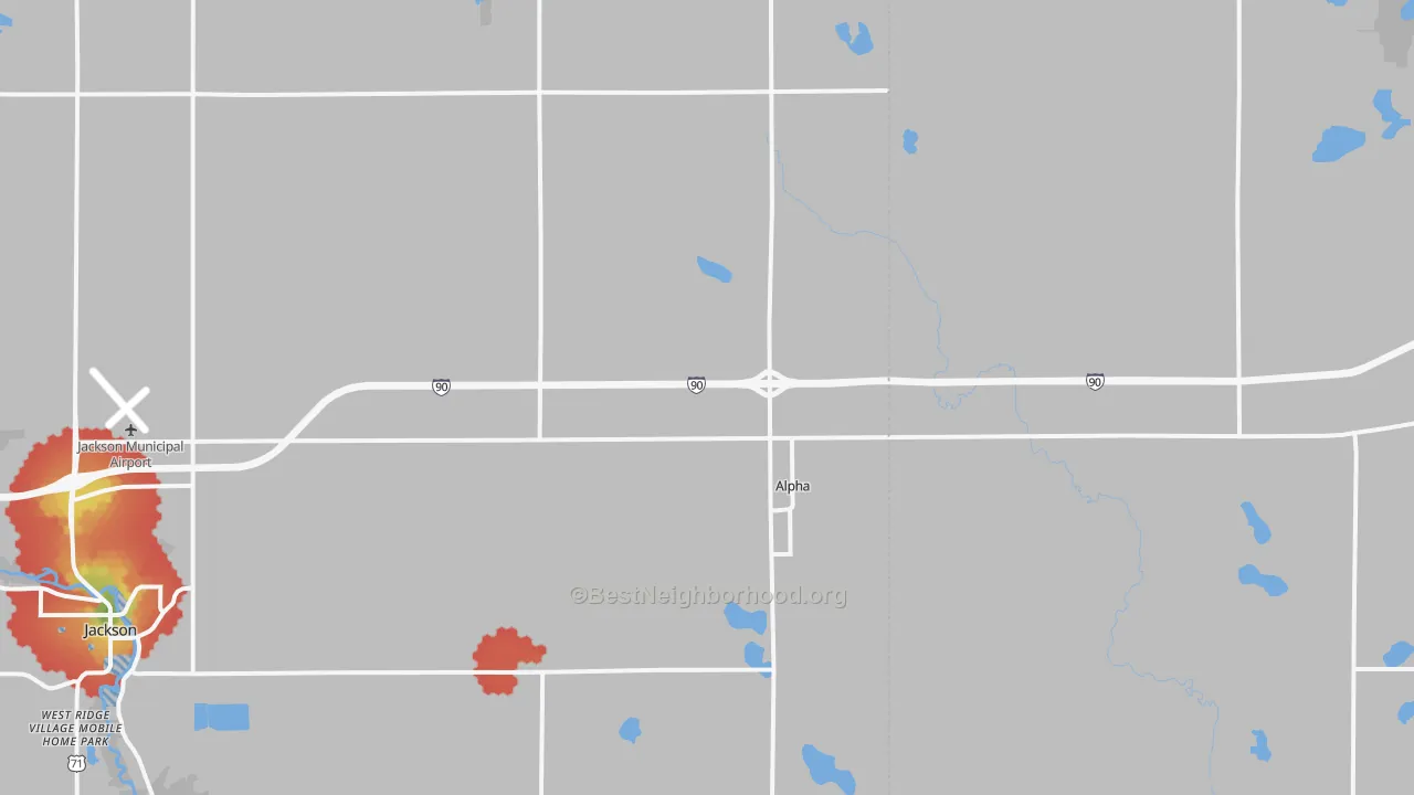 Walk Grade map of Alpha, MN, walkable areas in green and car-dependent areas in red