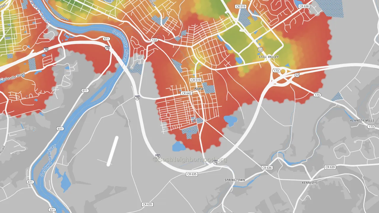 Walk Grade map of Alpha, NJ, walkable areas in green and car-dependent areas in red
