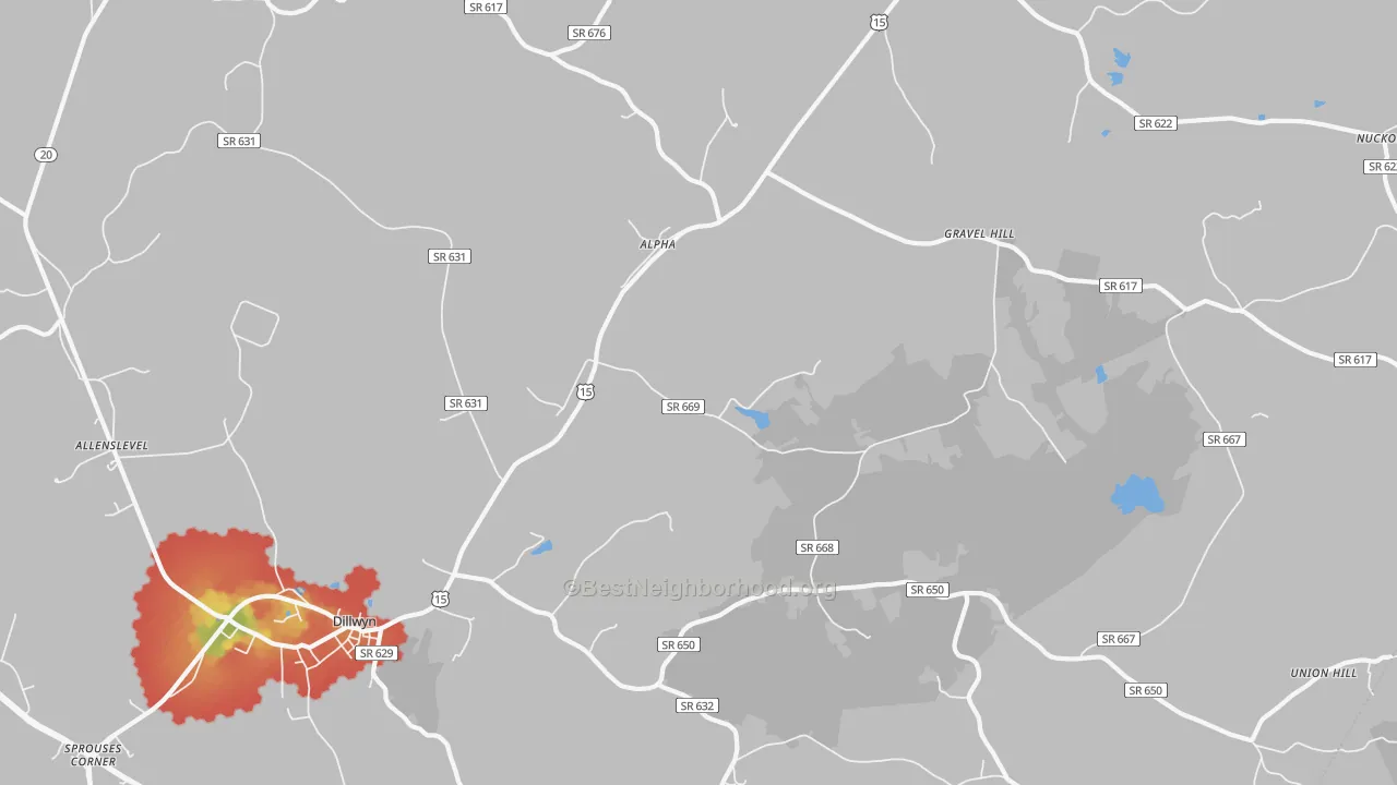 Walk Grade map of Alpha, VA, walkable areas in green and car-dependent areas in red