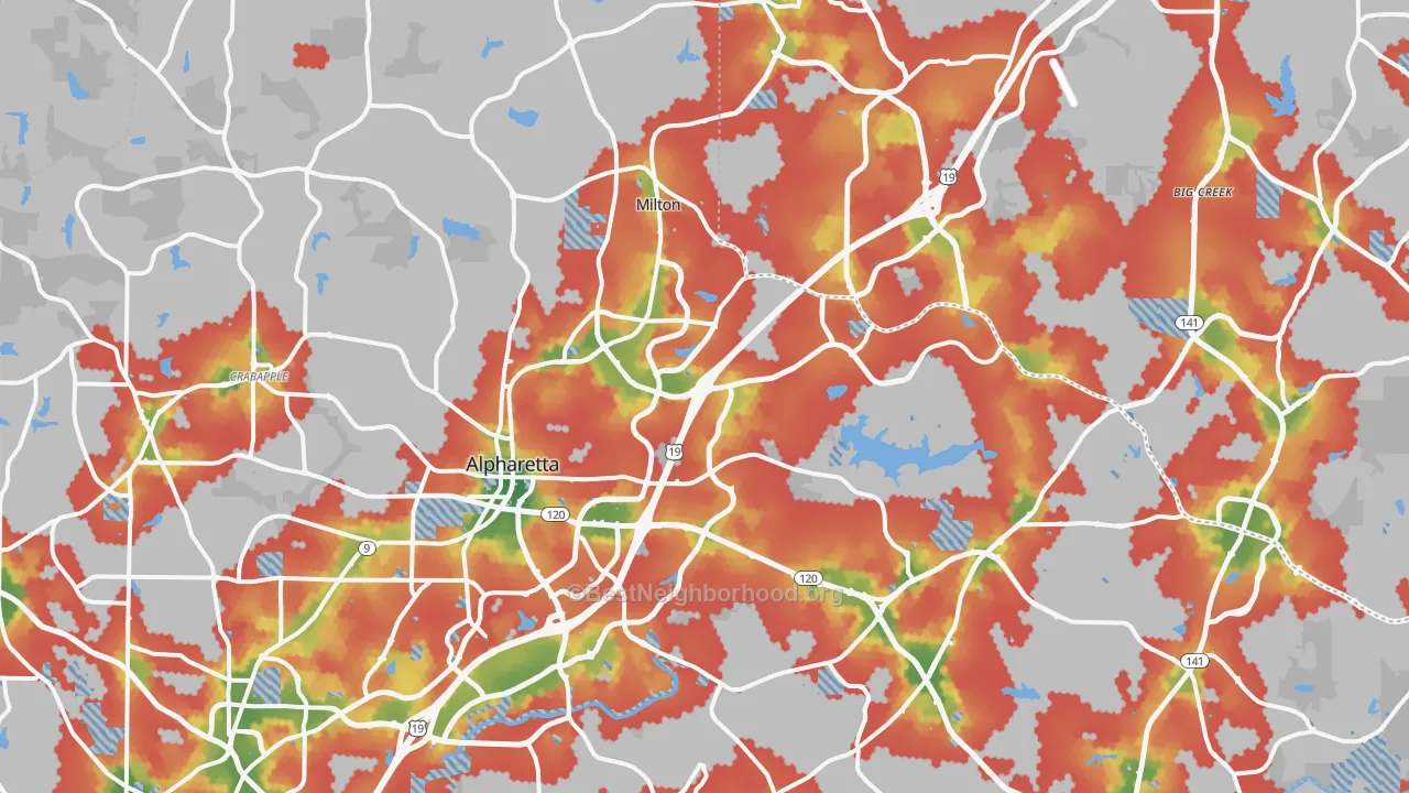 Walk Grade map of Alpharetta, GA, walkable areas in green and car-dependent areas in red