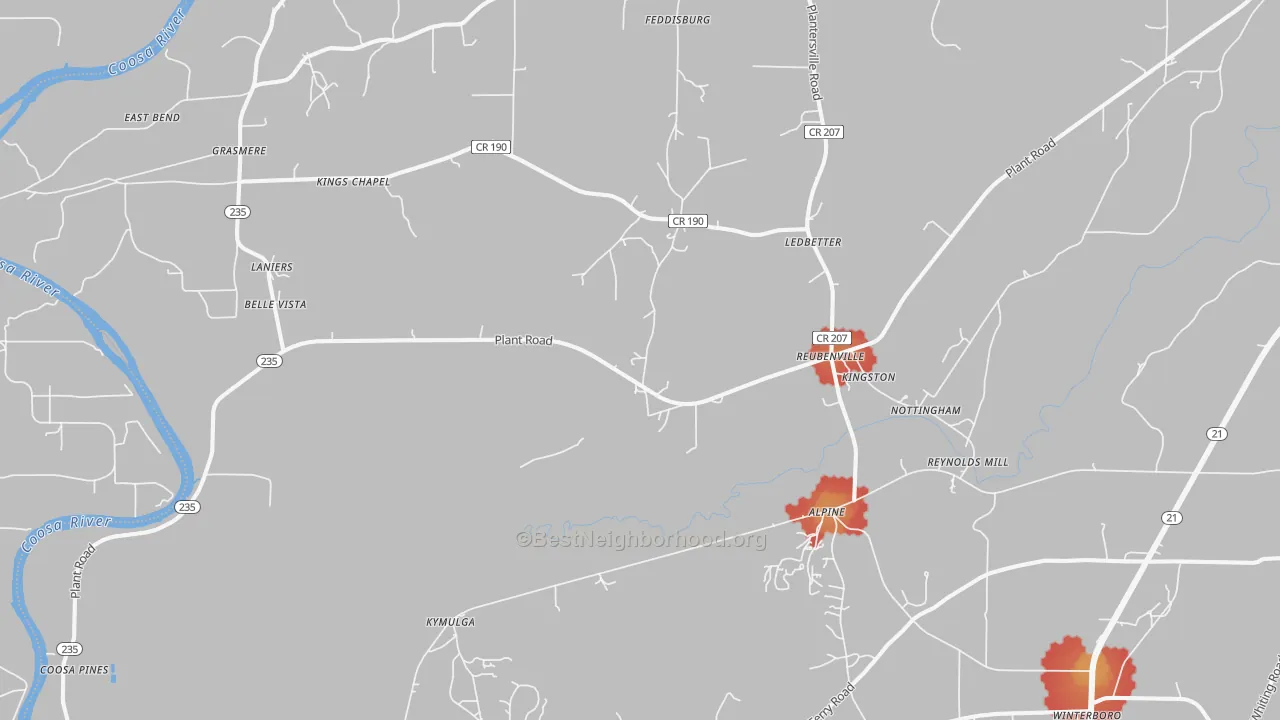 Walk Grade map of Alpine, AL, walkable areas in green and car-dependent areas in red