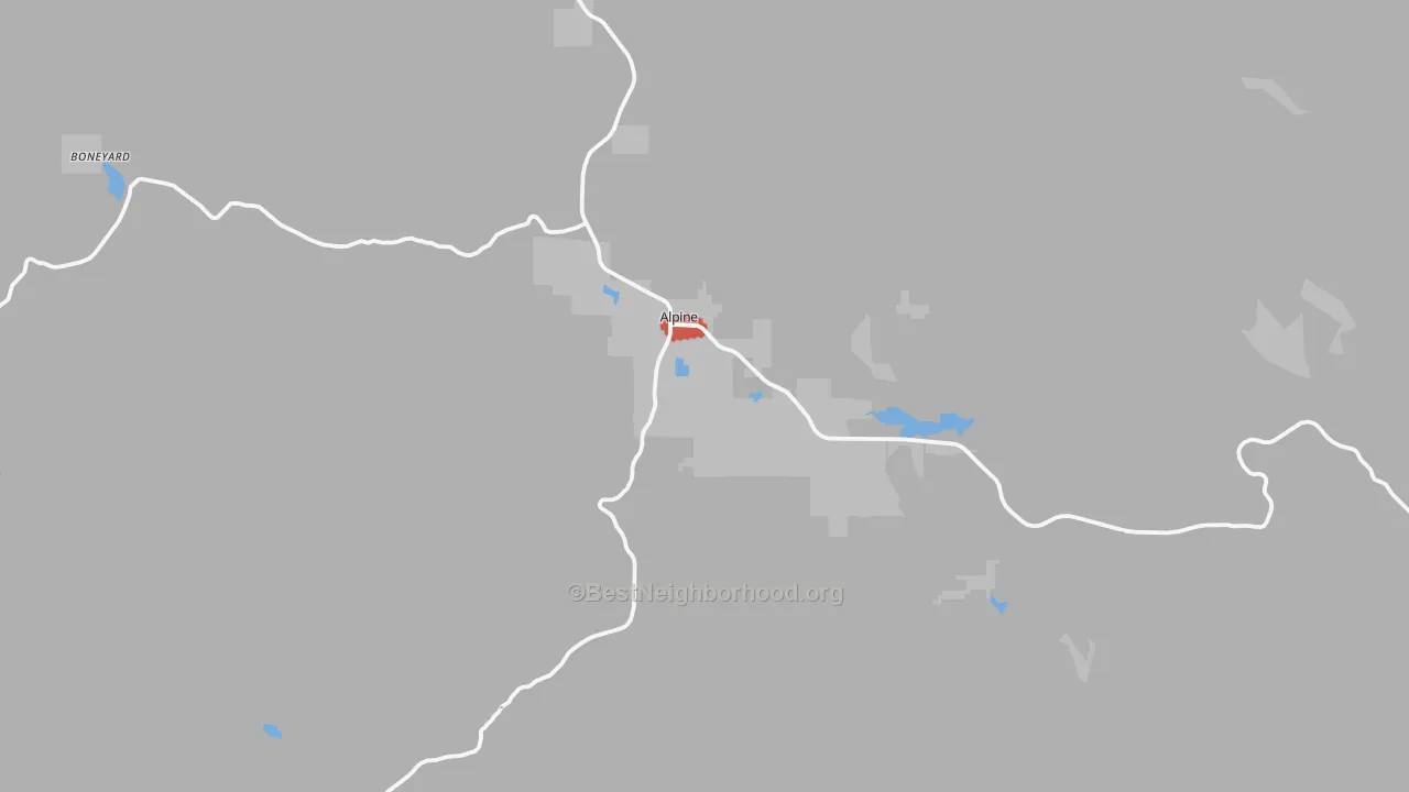 Walk Grade map of Alpine, AZ, walkable areas in green and car-dependent areas in red