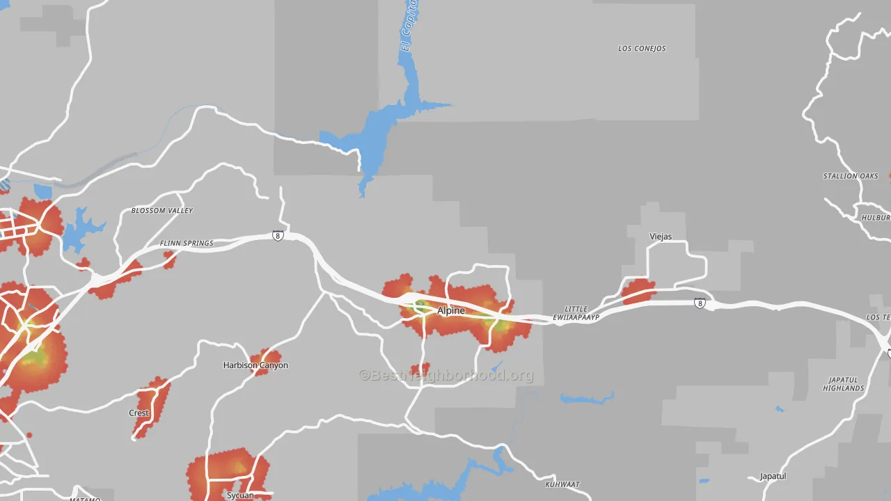 Walk Grade map of Alpine, CA, walkable areas in green and car-dependent areas in red
