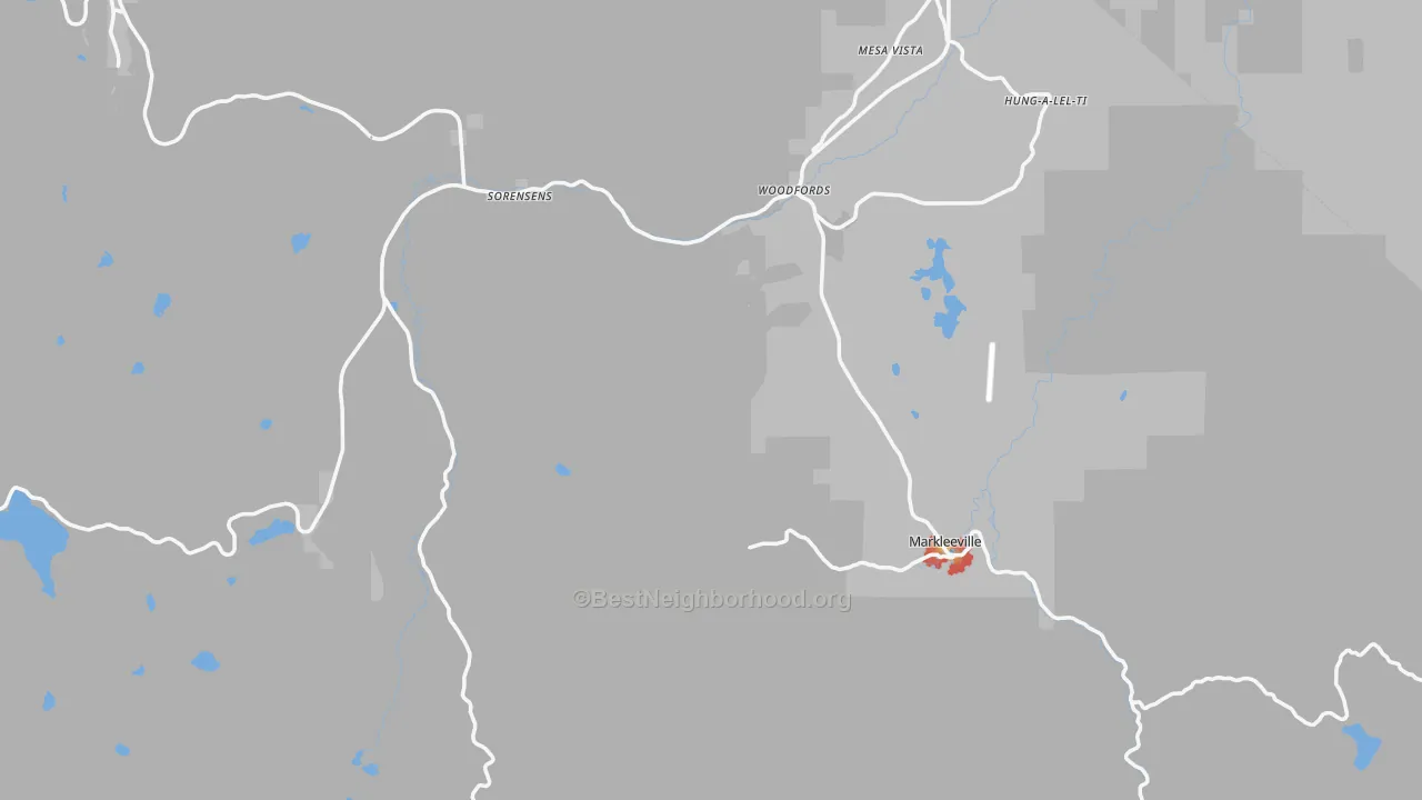 Walk Grade map of Alpine County, CA, walkable areas in green and car-dependent areas in red