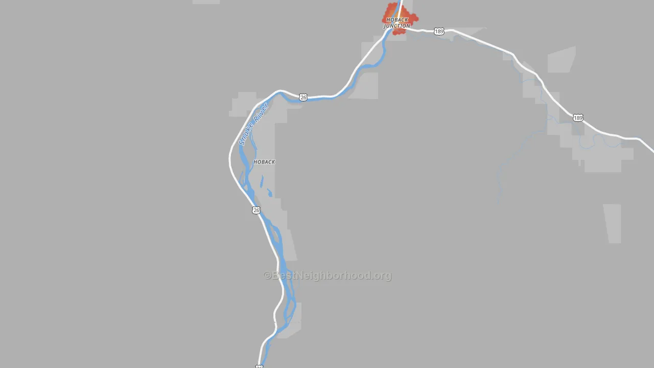 Walk Grade map of Alpine Junction, WY, walkable areas in green and car-dependent areas in red